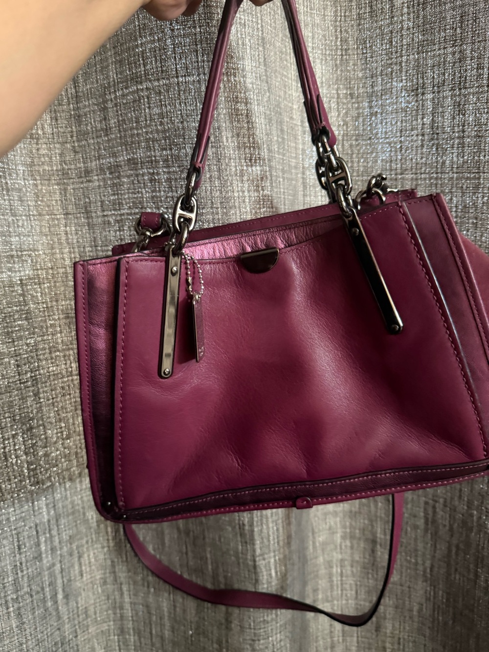 Coach purse detachable crossbody strap plum metallic suede leather bag